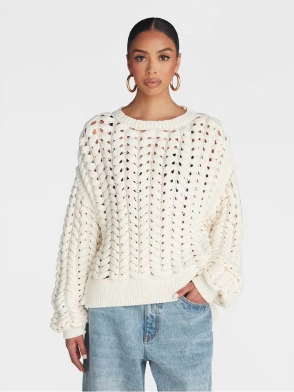 KBB Cream Open Knit Crewneck Sweater